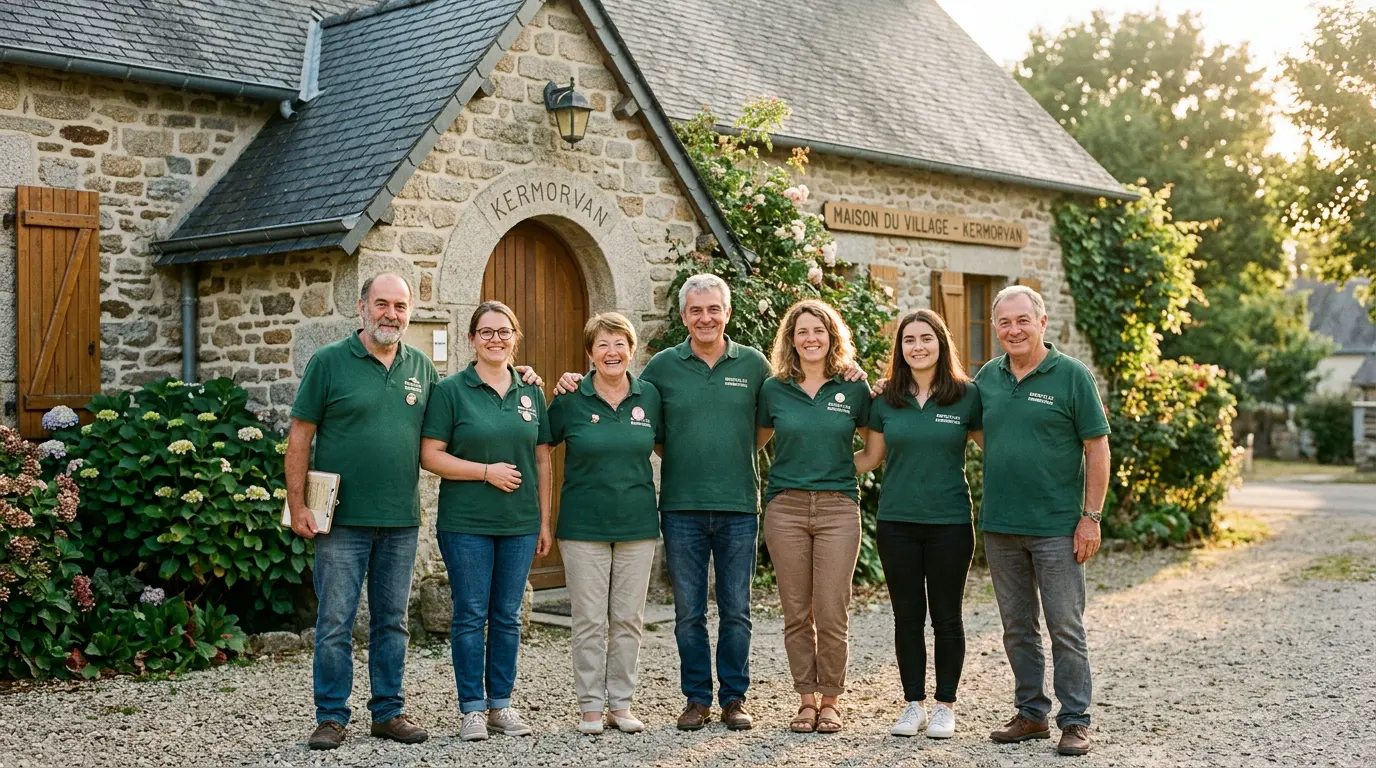 Volunteer team of ASS CATHO CHEFS DE FAMILLE standing together outside the community hall in Saint-Igneuc
